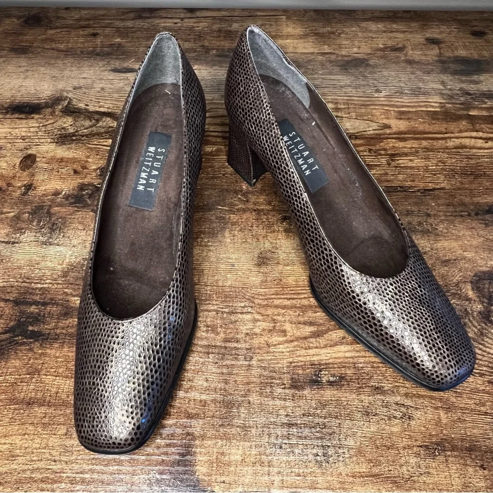 Stuart Weitzman Brown Leather Animal Print Block Heel Pumps Women's 9 runs small